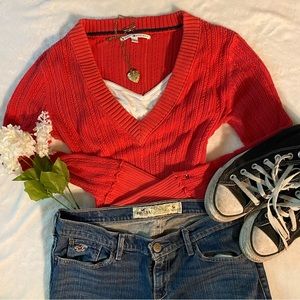 Red v neck knit sweater